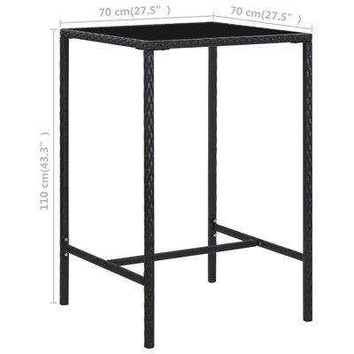 vidaXL ガーデンバーテーブル ブラック 70x70x110cm ポリラタン＆ガラス製