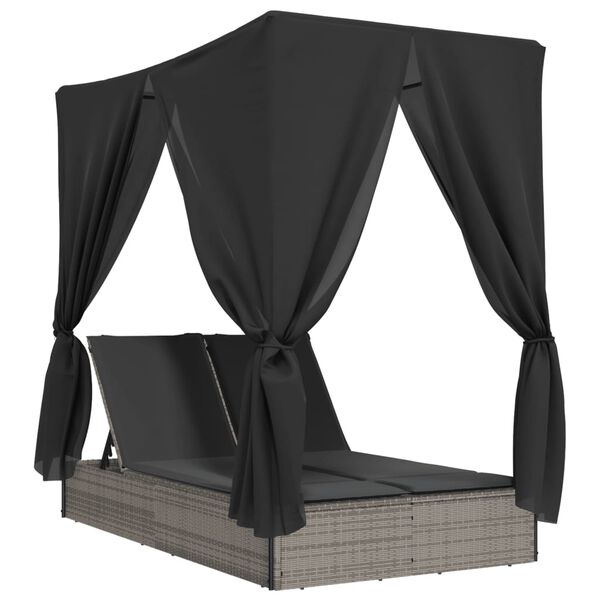 vidaXL 2人掛けサンラウンジャー ルーフ＆カーテン付き グレー ポリラタン