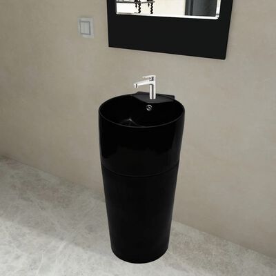 vidaXL バスルーム用 自立洗面台 蛇口穴＆オーバーフロー付き セラミック製 丸型 ブラック