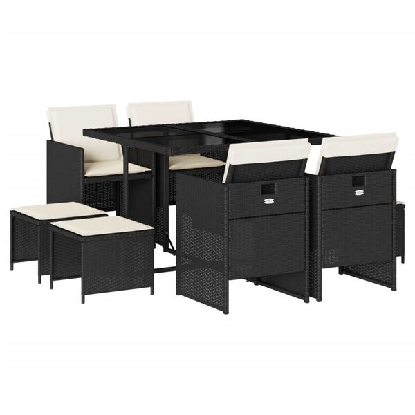 vidaXL ガーデンダイニング9点セット クッション付き ブラック ポリラタン製