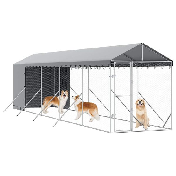 vidaXL 屋外犬小屋 屋根付き シルバー 2x10x2.5 m 亜鉛メッキ鋼製