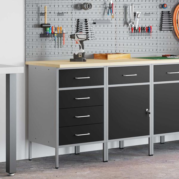 vidaXL 作業キャビネット 引き出し付き 2 pcs 黒とグレー 75 x 45 x 85 cm エンジニアードウッドとスチール