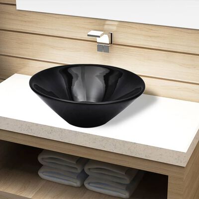 vidaXL バスルーム用 洗面ボウル 陶器製 丸型 ブラック