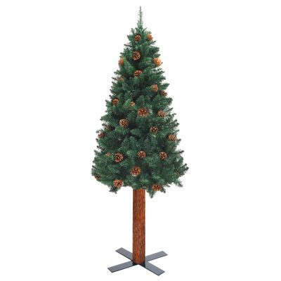 vidaXL スリム型 クリスマスツリー 天然木材＆松ぼっくり グリーン 150cm PVC製