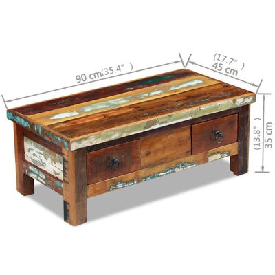 vidaXL コーヒーテーブル 引き出し付き 再生木材 無垢材 90x45x35 cm