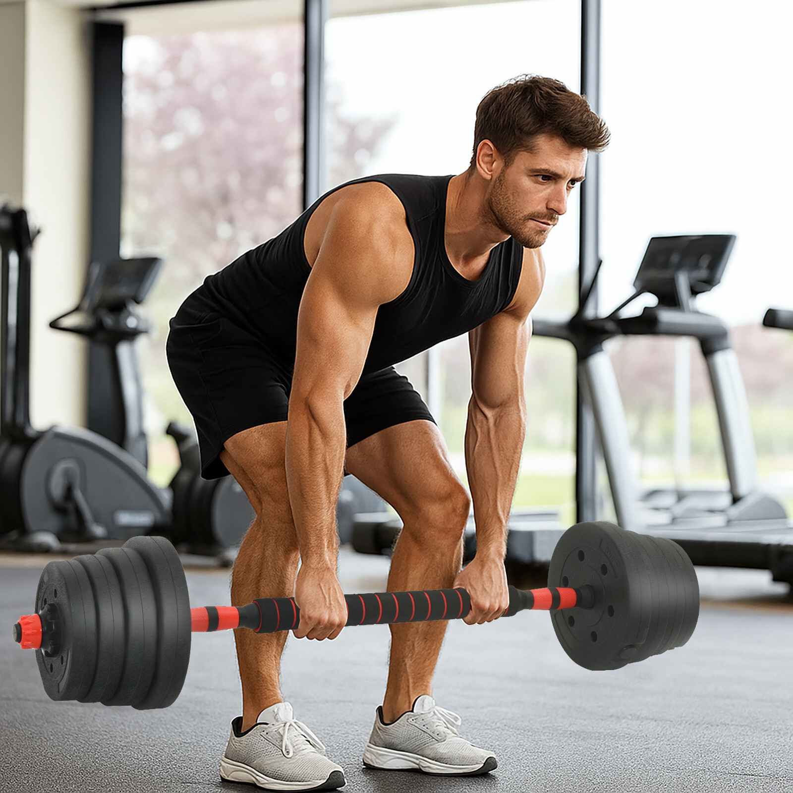 vidaXL 2-in-1 ダンベルバーベルセット 30kg 黒と赤 121 x 19.5 x 19.5