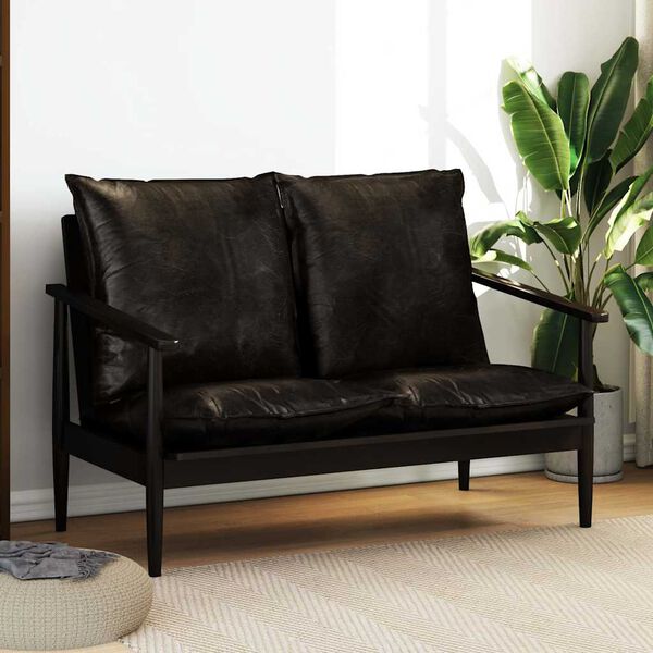 vidaXL 2人掛けソファ 本革＆アカシア材 ブラック