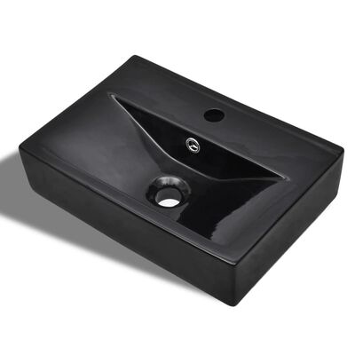 vidaXL バスルーム用 洗面ボウル 蛇口穴/オーバーフロー付き 陶器製 長方形 ブラック