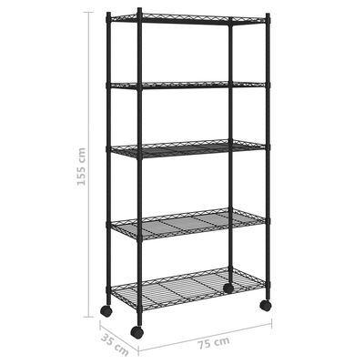 vidaXL 324630 vidaXL 5-Tier Storage Shelf with Wheels 75x35x155 cm Black 250 kg