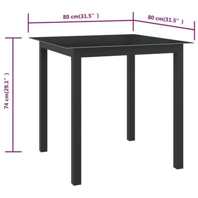 vidaXL ガーデンテーブル ブラック 80x80x74cm アルミ＆ガラス製