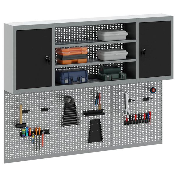 vidaXL ツールキャビネットセット 棚で ストレージ付き ロック付き 4 pcs ブラック 粉体塗装スチール