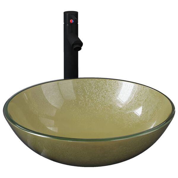 vidaXL バスルームシンク、タップ&プッシュドレン付きゴールド強化ガラス