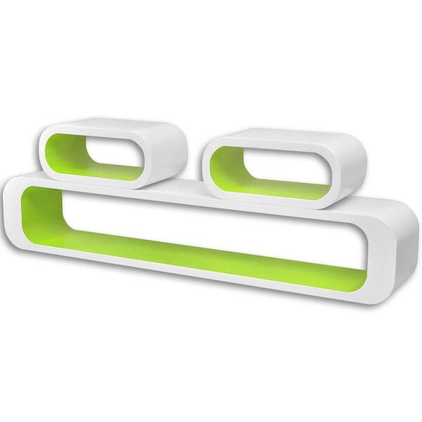 vidaXL 壁面取り付け棚 ディスプレイシェルフ 3点 MDF製 キューブ型 本/DVD収納 ホワイト＆グリーン