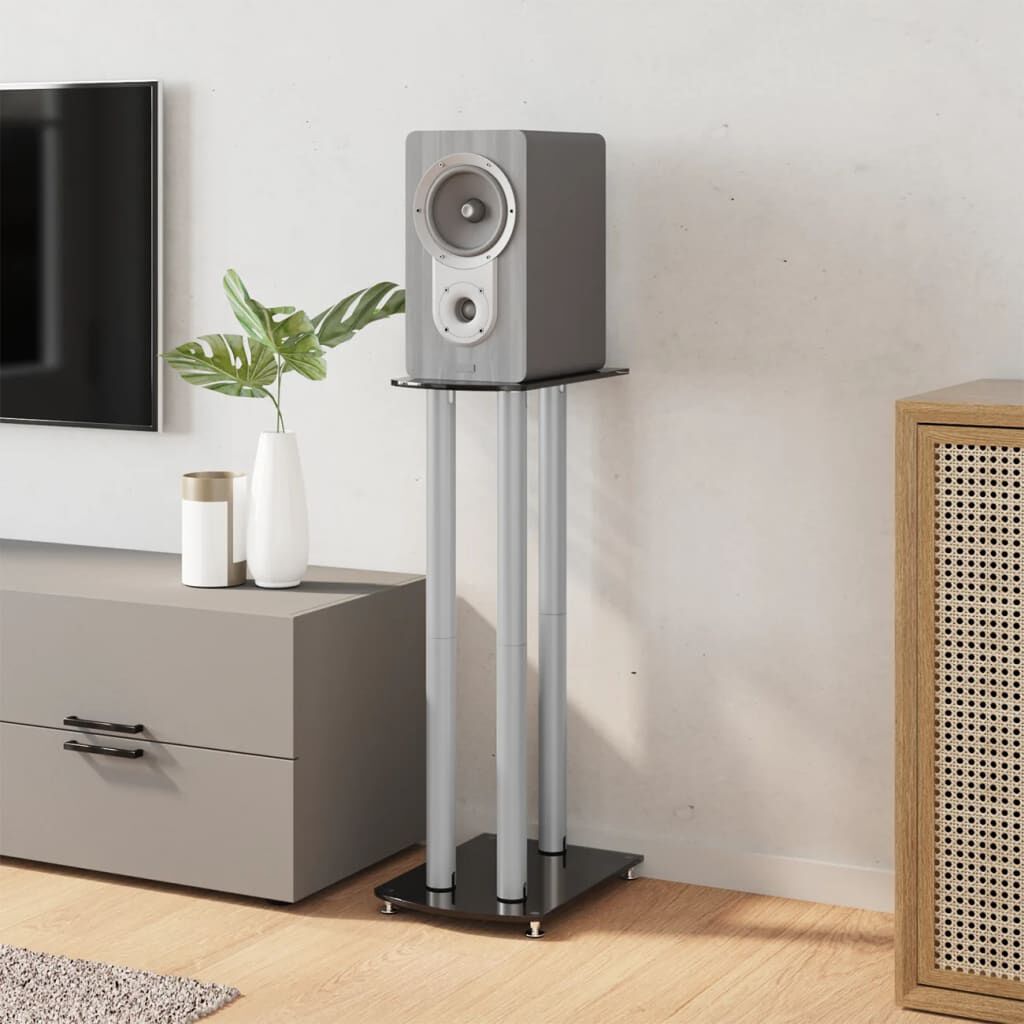 シルバー スピーカースタンド フロアタイプ vidaXL スピーカースタンド 2点 ブラック＆シルバー 強化ガラス 柱3本