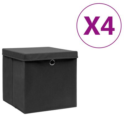 vidaXL 収納ボックス ふた付き 4点 28x28x28cm ブラック
