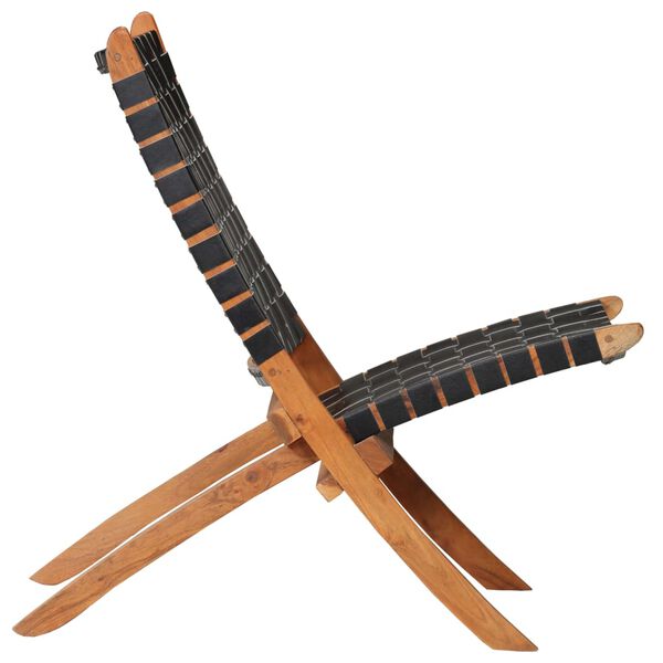 vidaXL 折りたたみチェア クロスストライプ ブラック 本革製