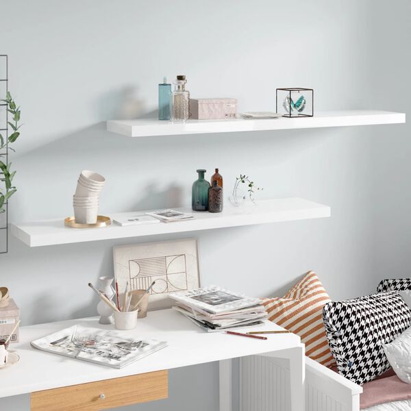 vidaXL フローティングウォールシェルフ 2点 ハイグロスホワイト 120x23.5x3.8cm MDF