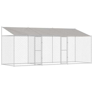 vidaXL 屋根付き犬用ケージ シルバー 600 x 200 x 256 cm スチールとPE