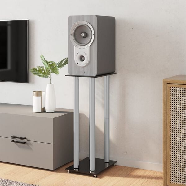 vidaXL スピーカースタンド 2個 ブラック&シルバー 強化ガラス 4柱デザイン