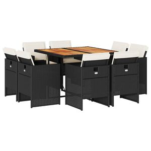 vidaXL ガーデンダイニング9点セット クッション付き ブラック ポリラタン製