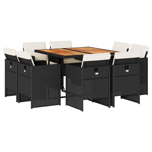 vidaXL ガーデンダイニング9点セット クッション付き ブラック ポリラタン製