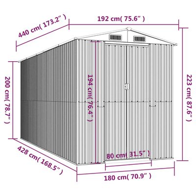 vidaXL ガーデン納屋 192x440x223cm 亜鉛メッキ鋼製 ライトグレー