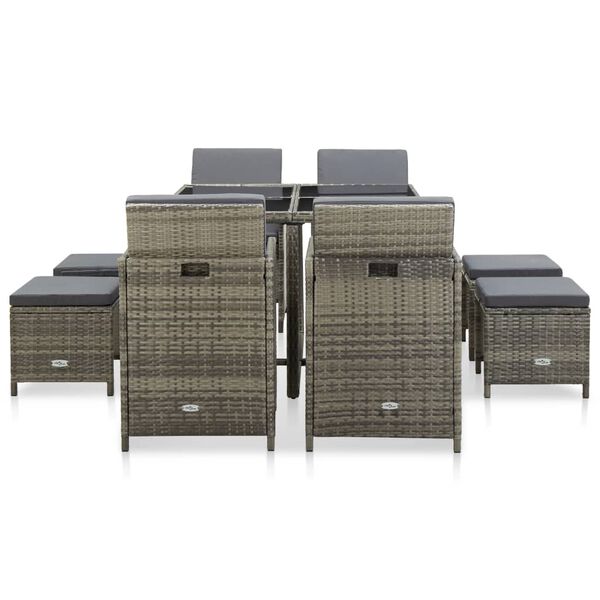vidaXL 屋外ダイニング9点セット クッション付き ポリラタン製 グレー