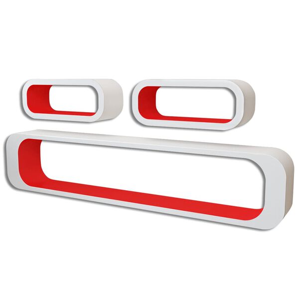 vidaXL 壁面取り付け棚 ディスプレイシェルフ MDF製 3点 キューブ型 本/DVD収納 ホワイト＆レッド