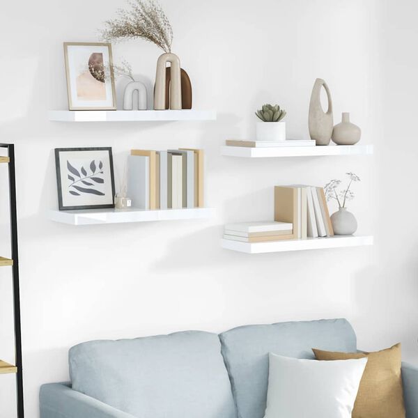 vidaXL フローティングウォールシェルフ 4点 ハイグロスホワイト 60x23.5x3.8cm MDF