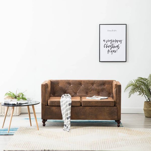 vidaXL 2人掛けチェスターフィールドソファ 布張り ブラウン スエード調