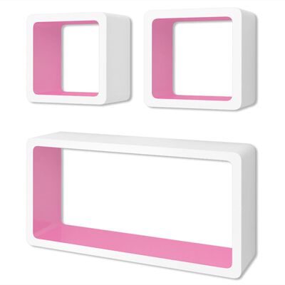 vidaXL 壁面取り付け棚 ディスプレイシェルフ 3点 MDF製 キューブ型 本/DVD収納 ホワイト&ピンク