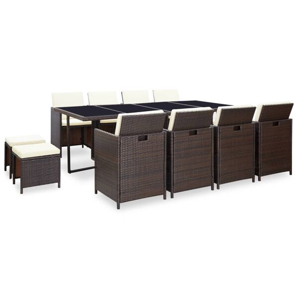 vidaXL 屋外ダイニング13点セット クッション付き ポリラタン製 ブラウン