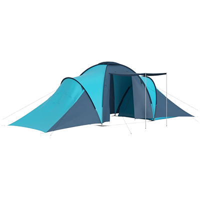 Blue and light blue tunnel camping tent with large living area and arched entrance, suitable for 6 people