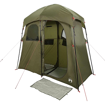 Olive green privacy shower tent with zippered entrance and ventilation opening, suitable for 2 people