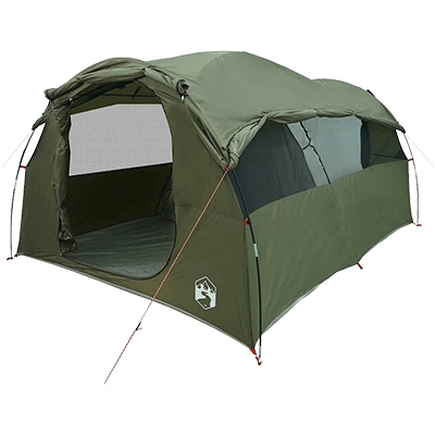 Olive green tunnel family tent with rounded entrance and compact footprint, suitable for 6 people