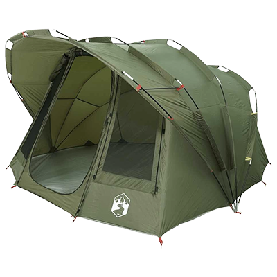 Olive green dome fishing tent with wide curved entrance and low-profile design, suitable for 5 people