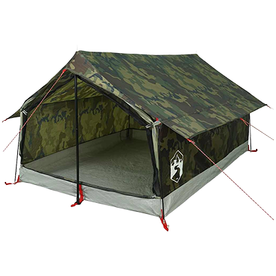 Compact camouflage A-frame camping tent with open front entrance, suitable for 2 people
