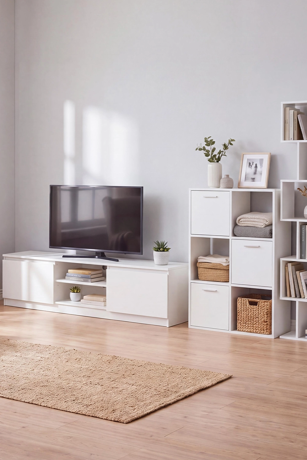 白いメディアコンソールに置かれたテレビ、籐かごを収納した白いキューブ型収納棚、ベージュのラグを敷いた明るい木の床が写る部屋。