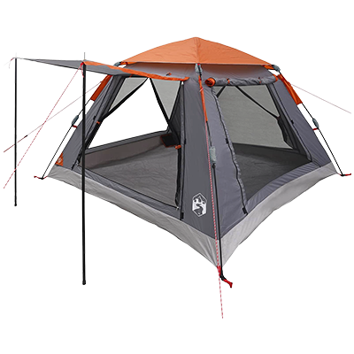 Grey and orange quick-release instant tent with rainfly and automatic frame, suitable for 3 people