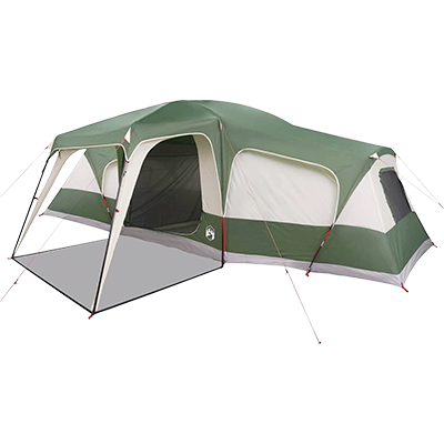 Green dome family tent with extended screened porch and multiple entrances, suitable for 9 people