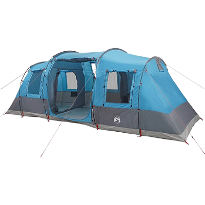 Blue tunnel camping tent with extended porch and side windows, suitable for 4 people
