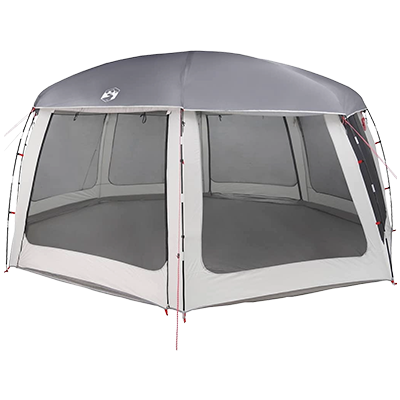 Large grey gazebo-style pool tent with mesh walls and removable fly
