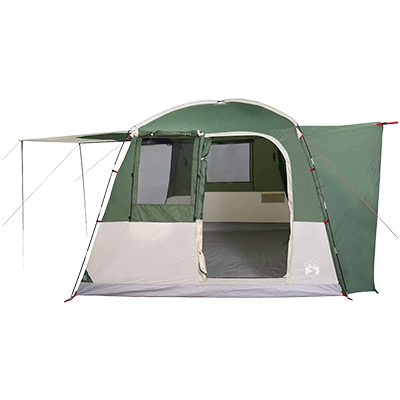 Green car tent with arched entrance and open side panel attachment, suitable for 4 people