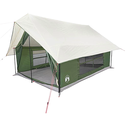 Green canvas-style camping tent with extended roof canopy and open mesh front, suitable for 5 people