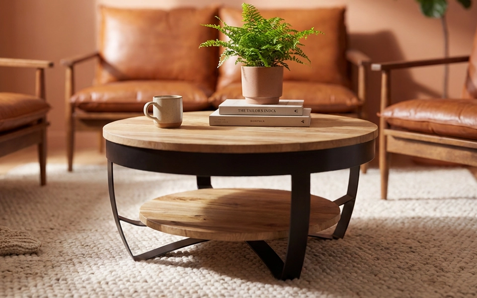 マグカップ、本、鉢植えのシダを載せた木と黒い金属の2段丸コーヒーテーブルの接写。背景にはぼやけた革張りの家具、手前にはクリーム色のラグが写っています。