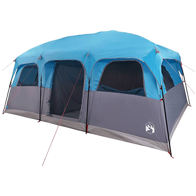 Spacious blue cabin-style family tent with vertical walls and multiple room sections, suitable for 10 people