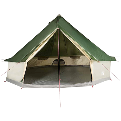 Green tipi-style family tent with wide canopy entrance and octagonal base, suitable for 6 people