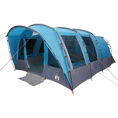 Large blue tunnel family tent with spacious living area and multiple rooms, suitable for 8 people