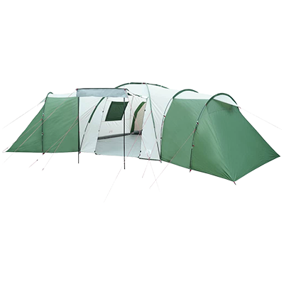 Large green dome family tent with multiple connected sections and vestibule entrance, suitable for 12 people