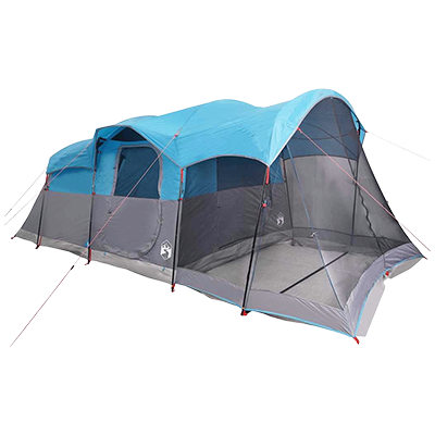 Blue tunnel family tent with large screened porch area and separate sleeping section, suitable for 8 people